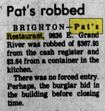 Pats Restaurant - Nov 1973 Robbed